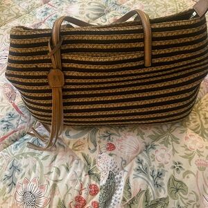 Eric Javits Raffia Black and Tan Striped Shoulder Bag